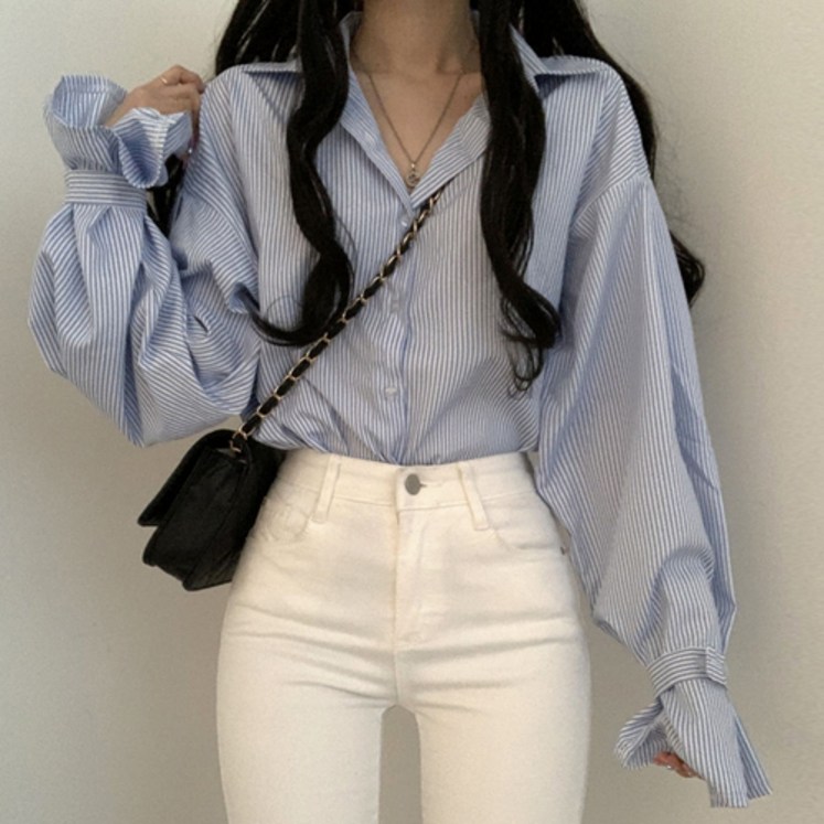 LALABELLE 여성 벨로안 카라넥 루즈핏 스트라이프 스트랩 포인트 긴팔 셔츠 블라우스 LALABELLE 여성 벨로안 카라넥 루즈핏 스트라이프 스트랩 포인트 긴팔 셔츠 블라우스