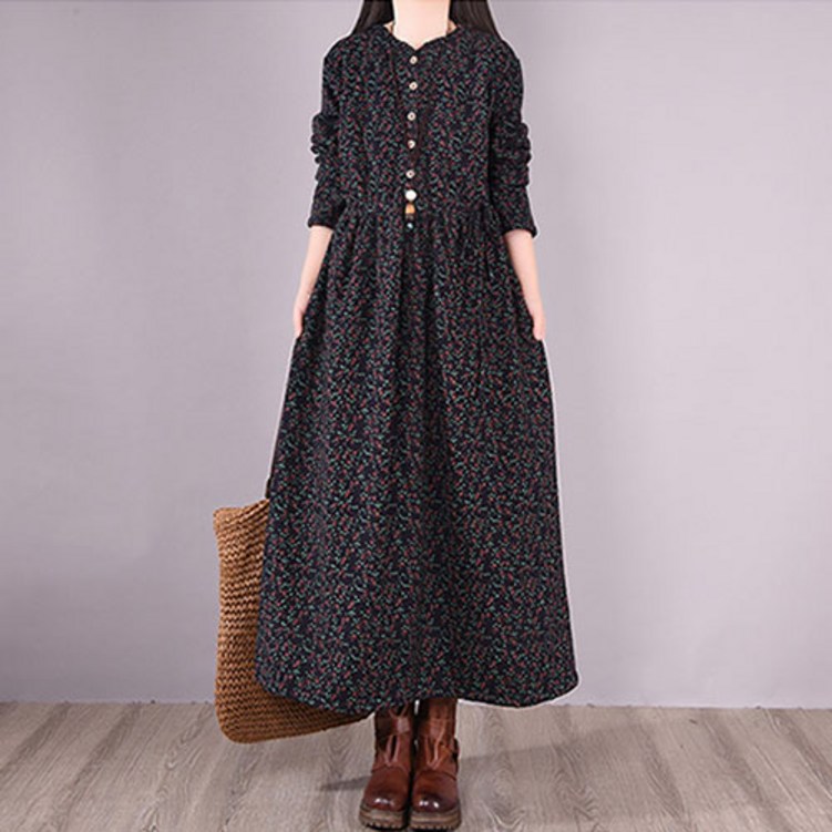 바니드 여성 오버핏 데일리 롱원피스 잔꽃무늬 기모 러블리원피스 4655