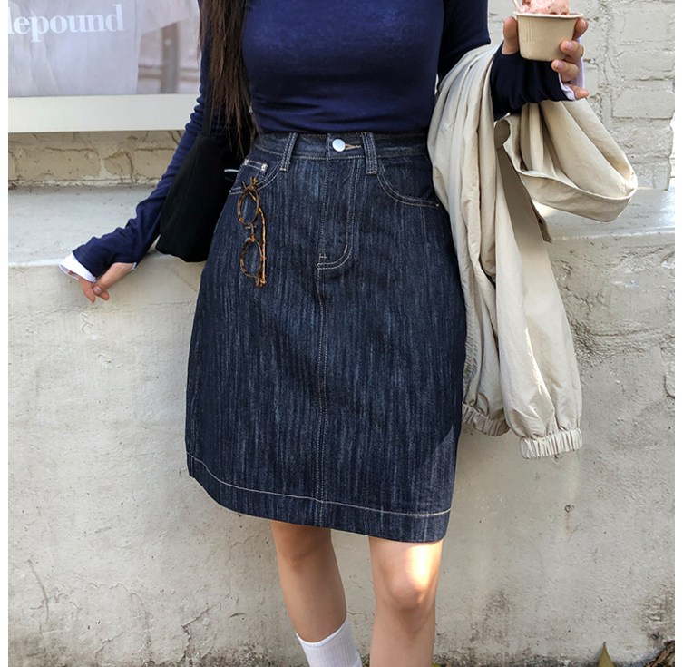 made4size 바잉몰 여성 진저 A라인 생지 슬라브 데님 미디 스커트 2color