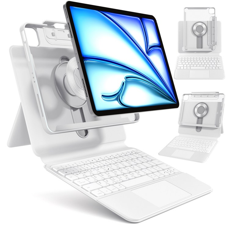 AITEWO 아이패드 매직키보드 케이스 펜슬 수납 360도회전 일체형 맥세이프 세로 가로 트랙패드 에어7654321세대 프로 1110.91312.9인치, 화이트, 에어76세대 13 프로6543세대 12.9, 1개