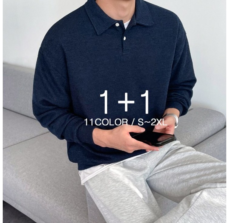 11 M2XL 2장 독보남 오버핏 골지 단추 하찌 카라 니트 긴팔 맨투맨 빅사이즈 티셔츠 5868