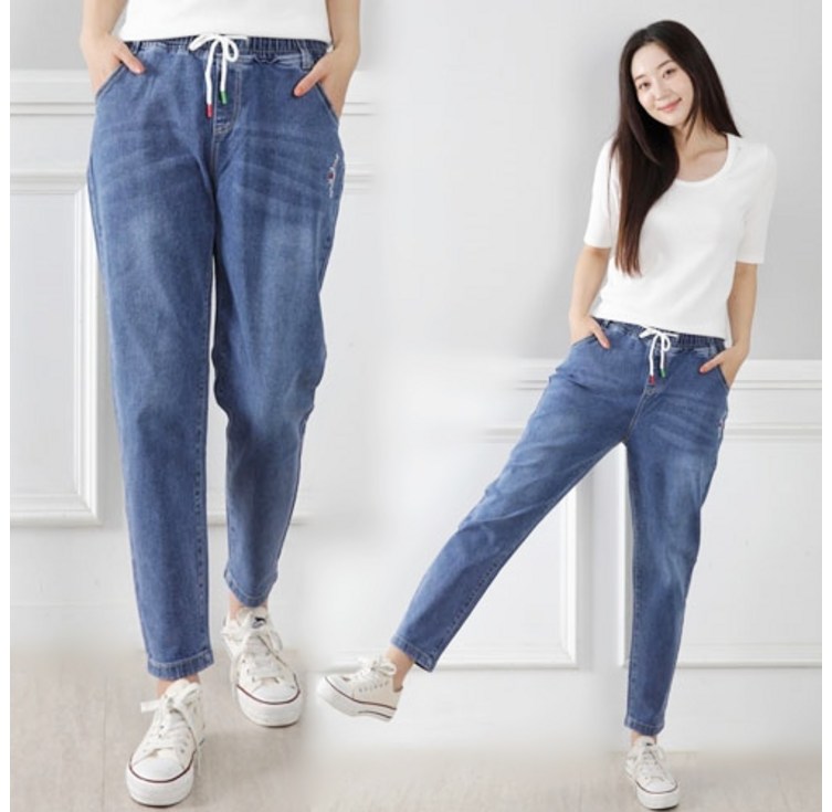 오지다 여성용 쫀드스판 밴딩 워싱 데님팬츠 빅사이즈