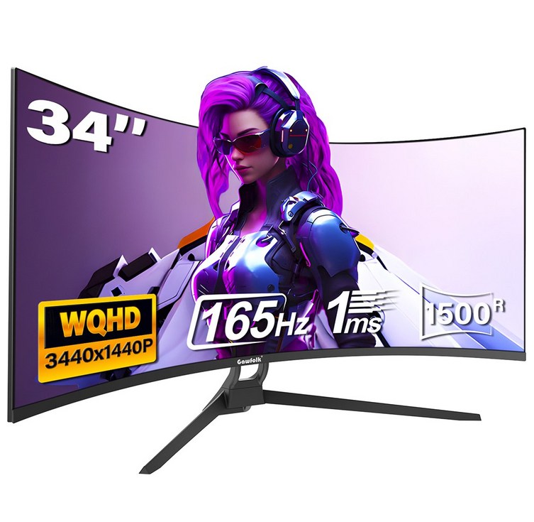 34인치 울트라와이드 커브드 게이밍 모니터, 1500R PC 화면 165Hz UWQHD 3440x1440, 커브드 컴퓨터 화면, 4k, 219, Gawfolk 특가 할인중, 88cm, 34inch 4k 165Hz 높이 조절 불가