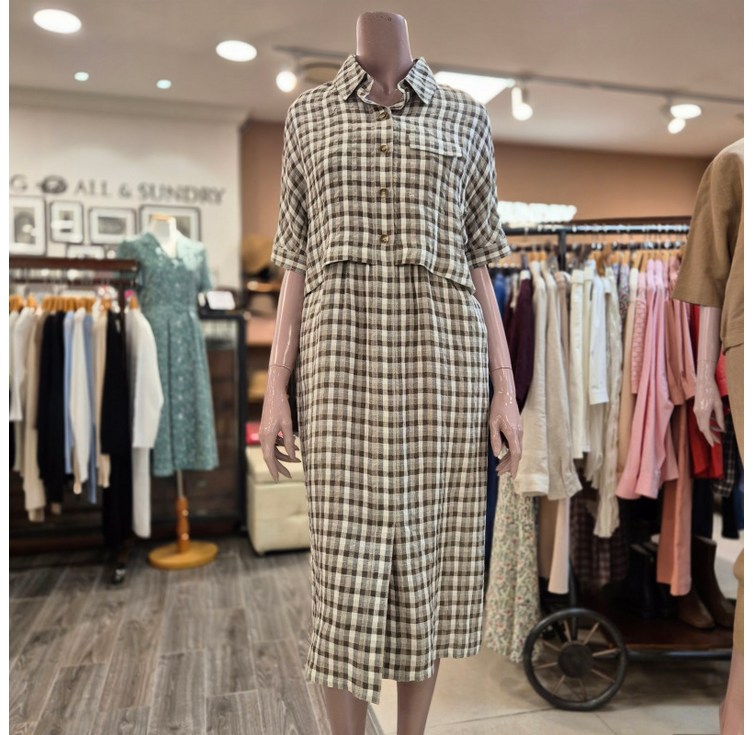 BCBG 올앤선드리 스퀘어 체크 OP 원피스  A5M4O628 81 LKHAKI