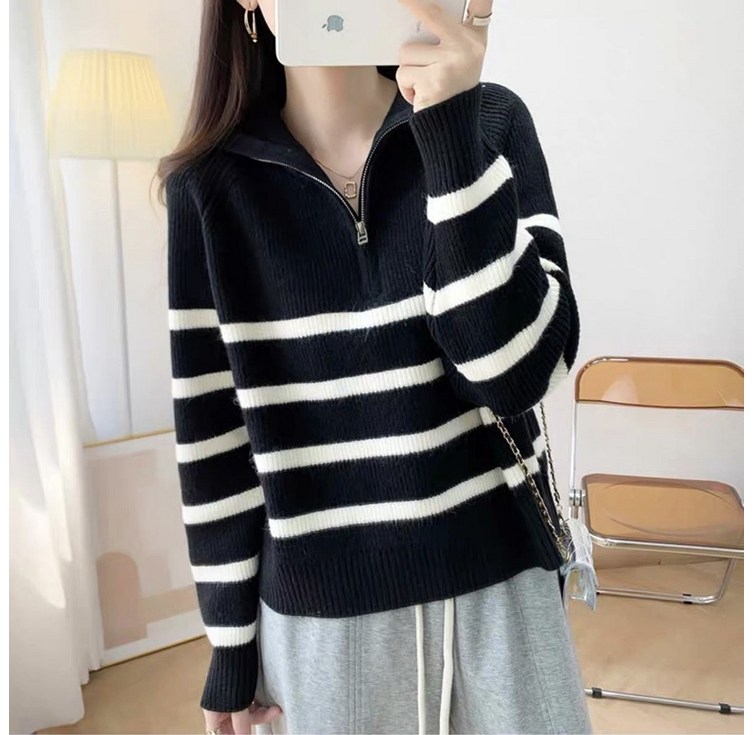 ROYALBELLE 여성 반집업 카라넥 루즈핏 스트라이프 니트 캐주얼 데일리 긴팔 스웨터 D00801969