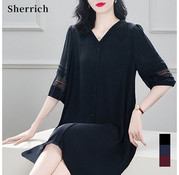Sherrich 빅사이즈 원피스 중년 여성 원피스 여름 브이넥 엄마원피스