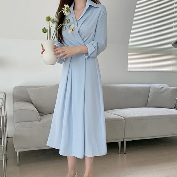 비비에모 심플 카라 허리 버튼 롱 원피스 01679