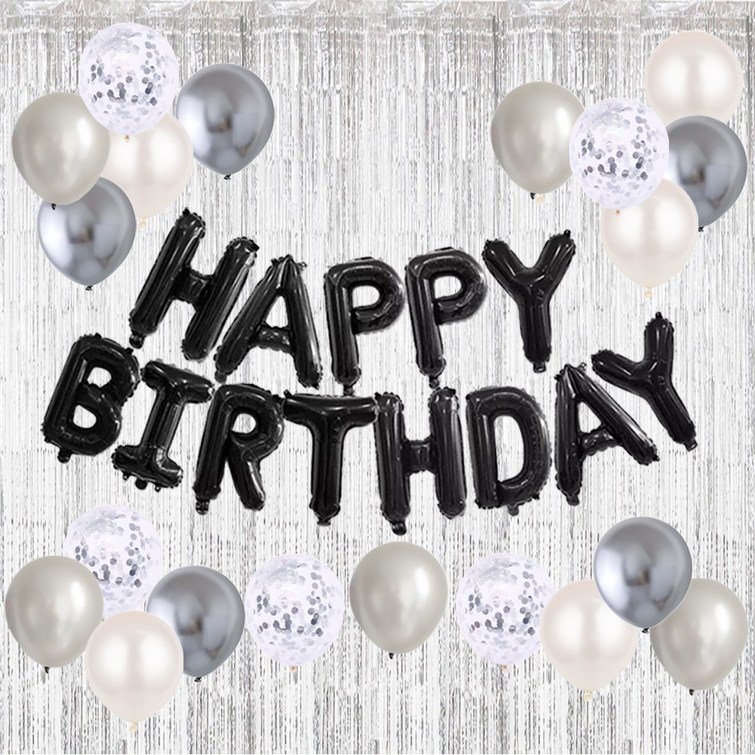 HBD 은박풍선 크롬메탈 혼합풍선세트 파티커튼 생일파티세트 에브리띵스마일 1221, 1세트, 블랙 실버 풍선 커튼