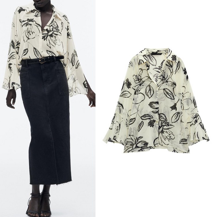 플레어 소매 프린팅 ZARA 자라 여성 블라우스