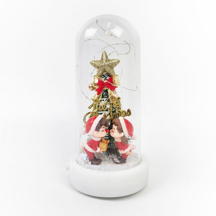 젤센 크리스마스 글래스돔 회전 오르골 LED 무드등  USB형 건전지형 트리 인테리어 소품 선물, 02꼬마산타커플화이트